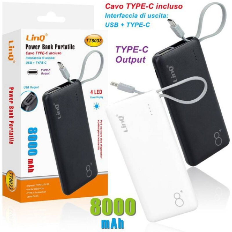 foto del prodotto trade shop traesio linq power bank batteria esterna portatile ricaricabile 8000mah con plug type c tt8033 