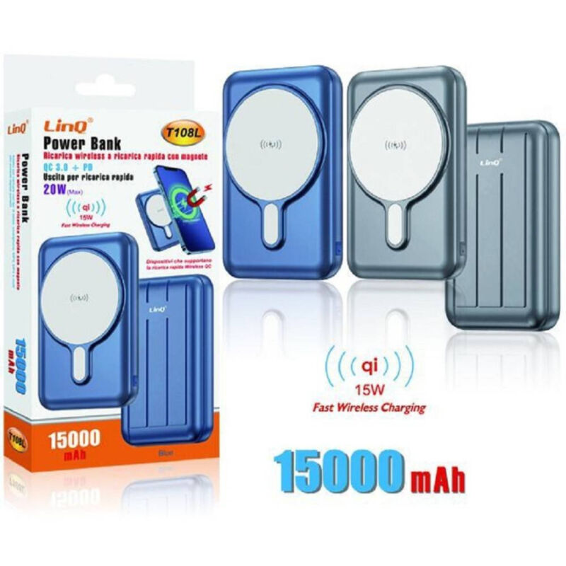 foto del prodotto trade shop traesio linq powerbank 15000mah ricarica rapida wireless con magnete 15w qc 3.0 pd 20w t108l 