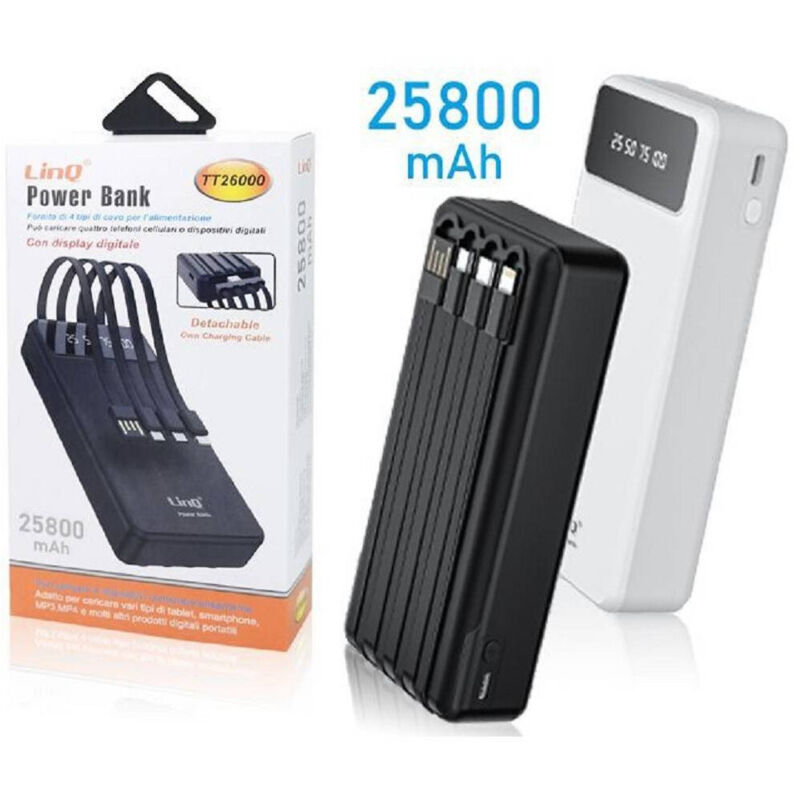 foto del prodotto trade shop traesio linq powerbank batteria esterna a ricarica super veloce 25800mah 22.5w 4 cavi tt26000 