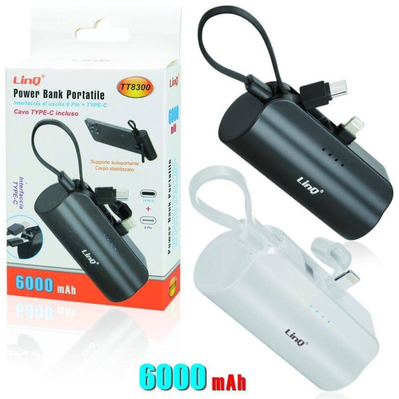 foto del prodotto trade shop traesio linq powerbank batteria portatile 6000mah 2 uscite lightning 8pin cavo type c tt8300 