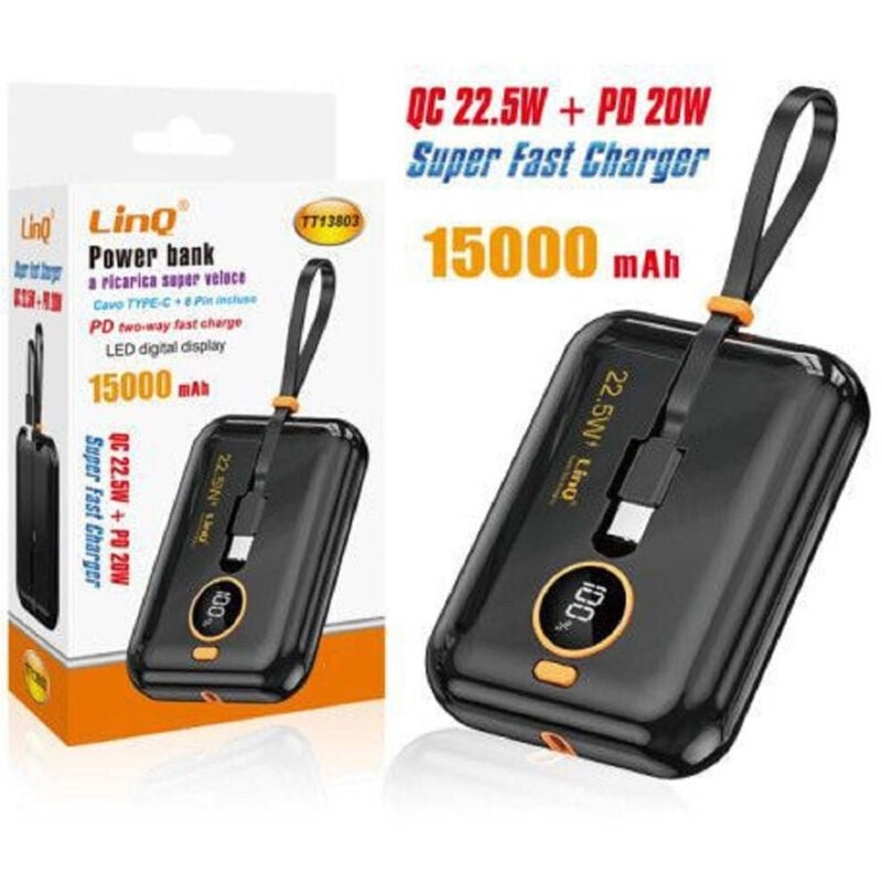 foto del prodotto trade shop traesio linq powerbank ricarica super veloce 15000mah qc22.5w pd20w display digitale tt13803 