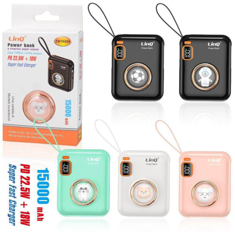 foto del prodotto trade shop traesio linq powerbank ricarica veloce con cavo type c 8pin pd 22.5w 18w 15000mah tm16004 