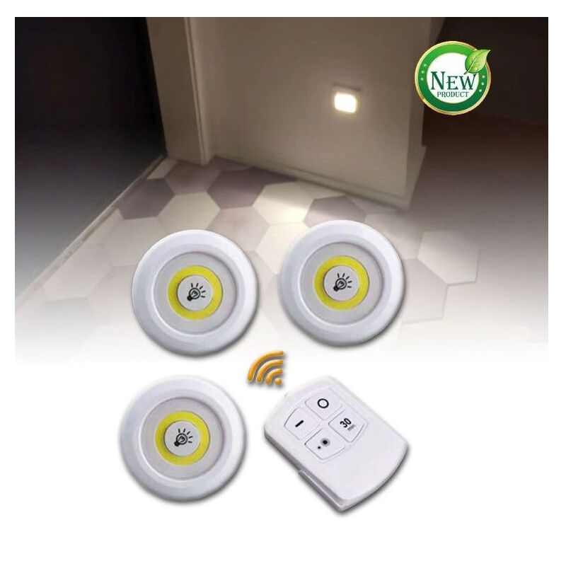 foto del prodotto trade shop traesio linq set 3 luci led cob con telecomando luce regolabile lampada disco armadio tx 9728 