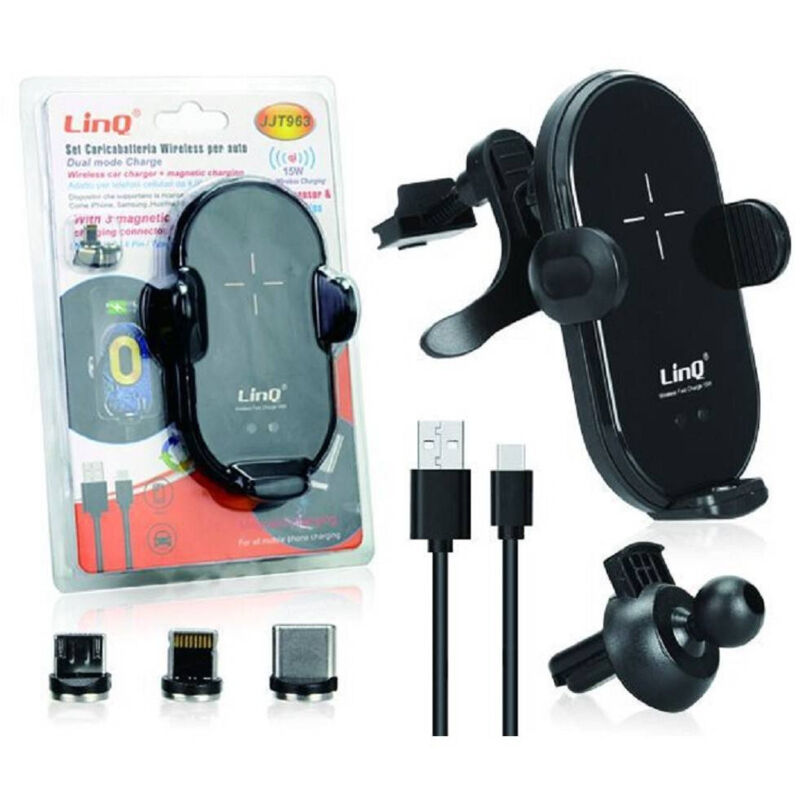 foto del prodotto trade shop traesio linq set caricabatteria wireless per auto 15w smartphone 3 connettori magnetici jjt963 