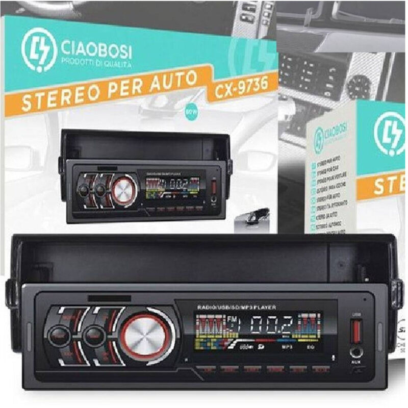 foto del prodotto trade shop traesio linq stereo auto autoradio lettore mp3 bluetooth aux usb orologio telecomando cx 9736 