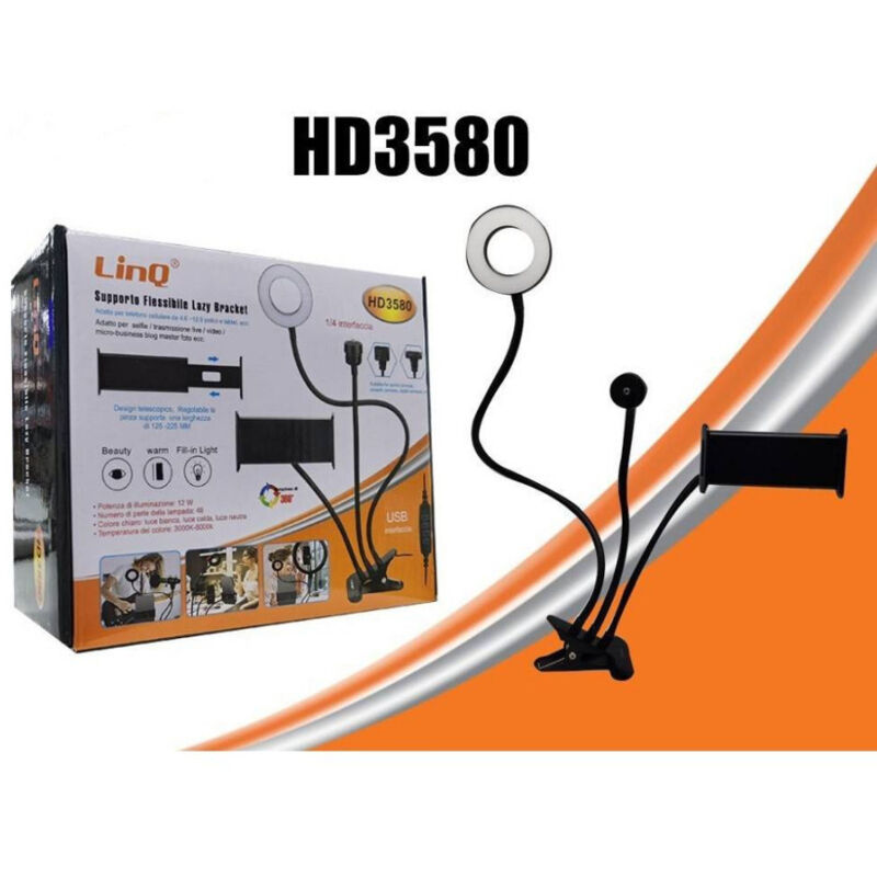 foto del prodotto trade shop traesio linq supporto staffa smartphone a clip per scrivania luce ring led flessibile hd3580 