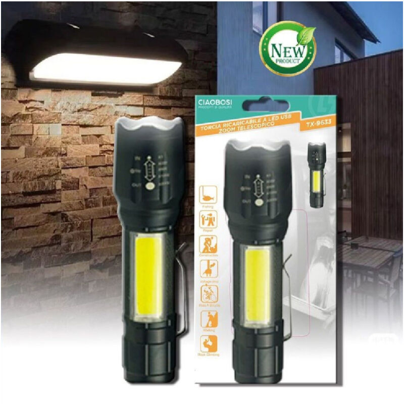 foto del prodotto trade shop traesio linq torcia tattica usb ricaricabile a led zoom telescopico escursioni pesca tx 9633 