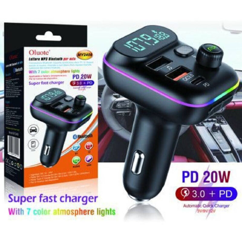 foto del prodotto trade shop traesio linq trasmettitore fm bluetooth auto 2 porte usb led tf pd 20w lettore mp3 rgb my2408 