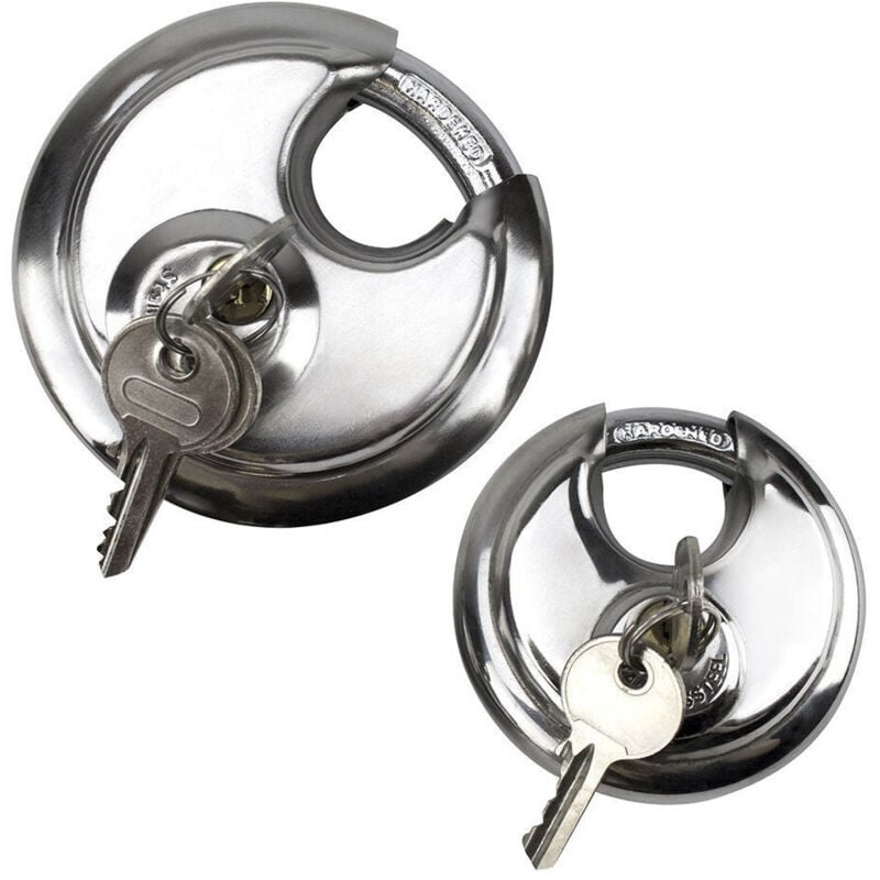 foto del prodotto trade shop traesio - lucchetto in acciaio corazzato blocca disco per moto bici 70mm con 2 chiavi -