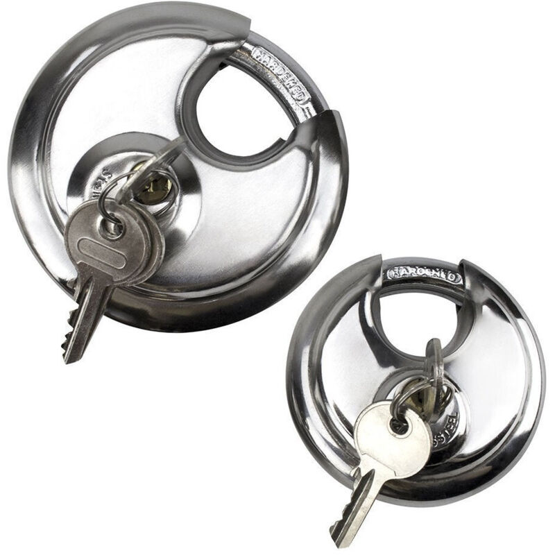 foto del prodotto trade shop traesio - lucchetto in acciaio corazzato blocca disco per moto bici 80mm con 2 chiavi -