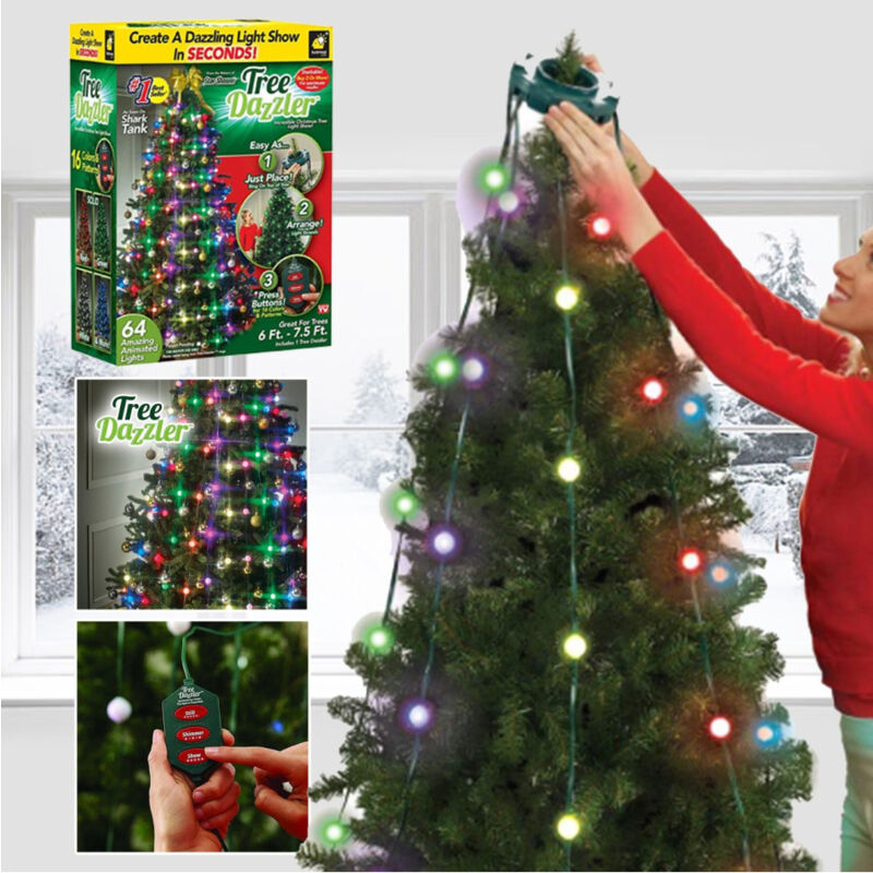 foto del prodotto trade shop traesio mantello luminoso addobbi per albero di natale 64 lampadine led con telecomando 