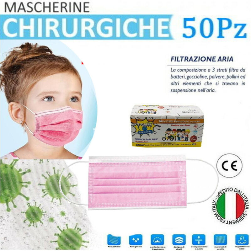 foto del prodotto trade shop traesio - mascherine chirurgiche per bambine monouso in tnt 3 strati protettivi viso 50pz -