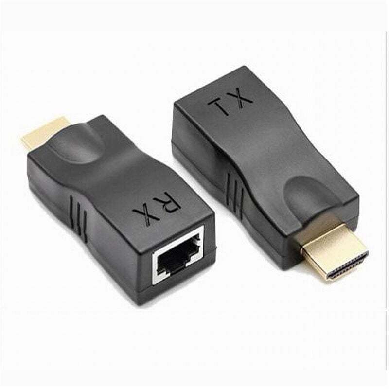 foto del prodotto trade shop traesio maxtech adattatori hdmi a rj45 extender rete lan ethernet cat5e cat6 1080p 30mt ext hdl02 