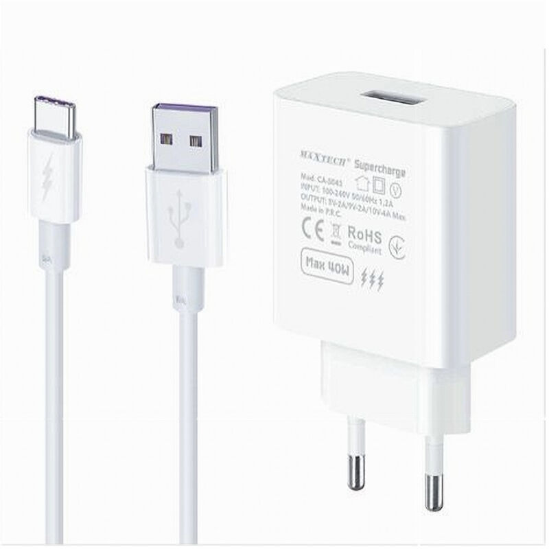 foto del prodotto trade shop traesio maxtech kit caricabatteria usb caricatore cavo type c 40w supercharge smartphone ca s045 