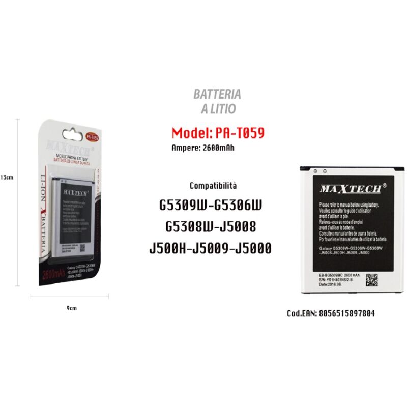 foto del prodotto trade shop traesio maxtech maxtech pa t059 batteria a litio per samsung galaxy j5 g530 2600mah ricambio 