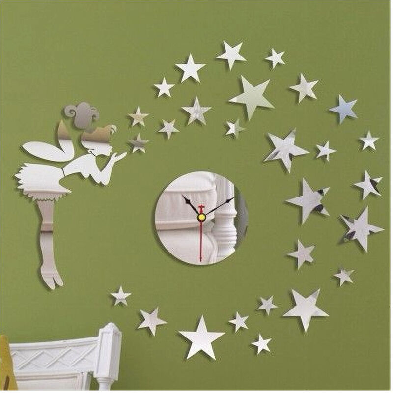 foto del prodotto trade shop traesio maxtech orologio adesivo fata stelle 3d effetto specchio da parete casa moderna decorazione 