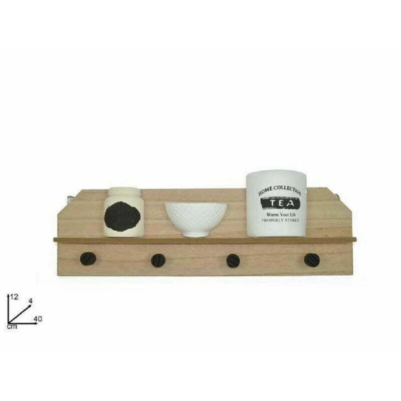 foto del prodotto trade shop traesio mensola in legno da parete ripiano con 4 appendini decorazione casa 12x40x4 cm 