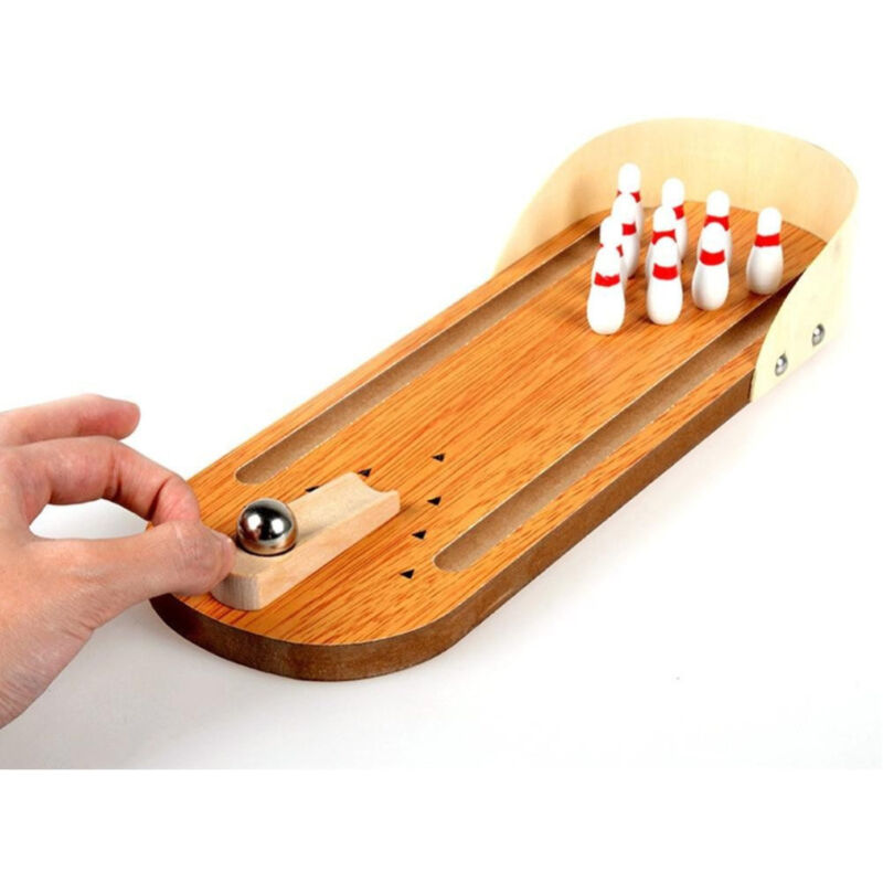 foto del prodotto trade shop traesio mini boowling gioco da tavolo in legno con 10 birilli e palla in metallo 