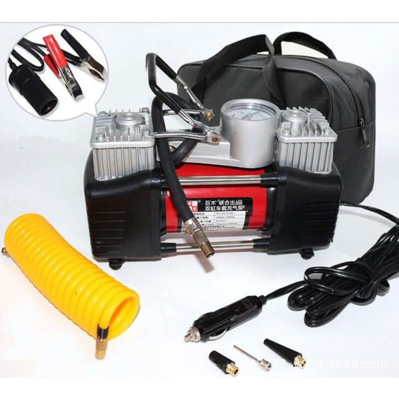 foto del prodotto trade shop traesio mini compressore portatile 12 volt a doppio cilindro per auto moto manometro 
