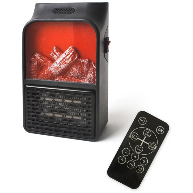 foto del prodotto trade shop traesio - mini stufa elettrica termoventilatore portatile con telecomando caminetto fuoco -