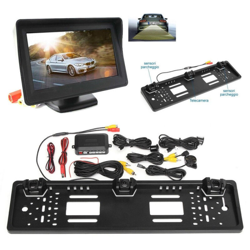 foto del prodotto trade shop traesio monitor portatarga con telecamera e sensori di parcheggio monitor da 4.3 