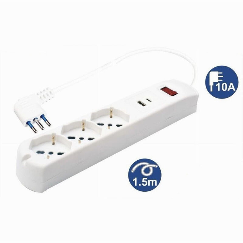 foto del prodotto trade shop traesio multipresa 5 in 1 usb a c 3 prese per schuko bipasso eu cavo 1.5mt 80081 