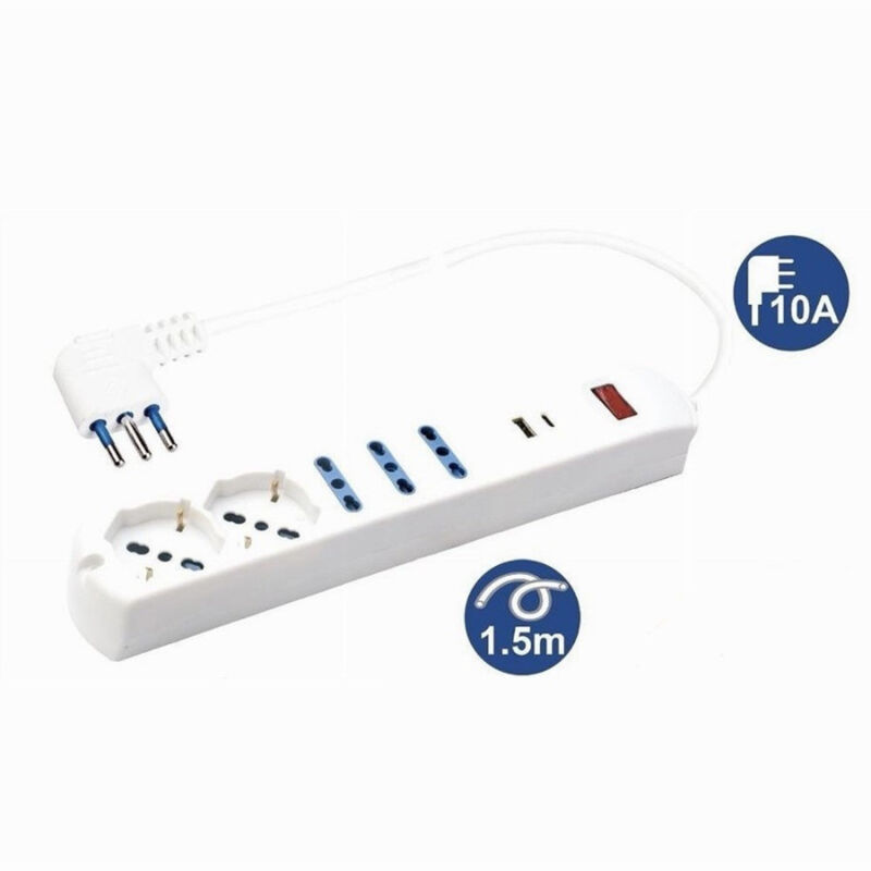 foto del prodotto trade shop traesio multipresa 7 in 1 usb a c 3 prese per bipasso 2 schuko eu cavo 1,5mt 80080 