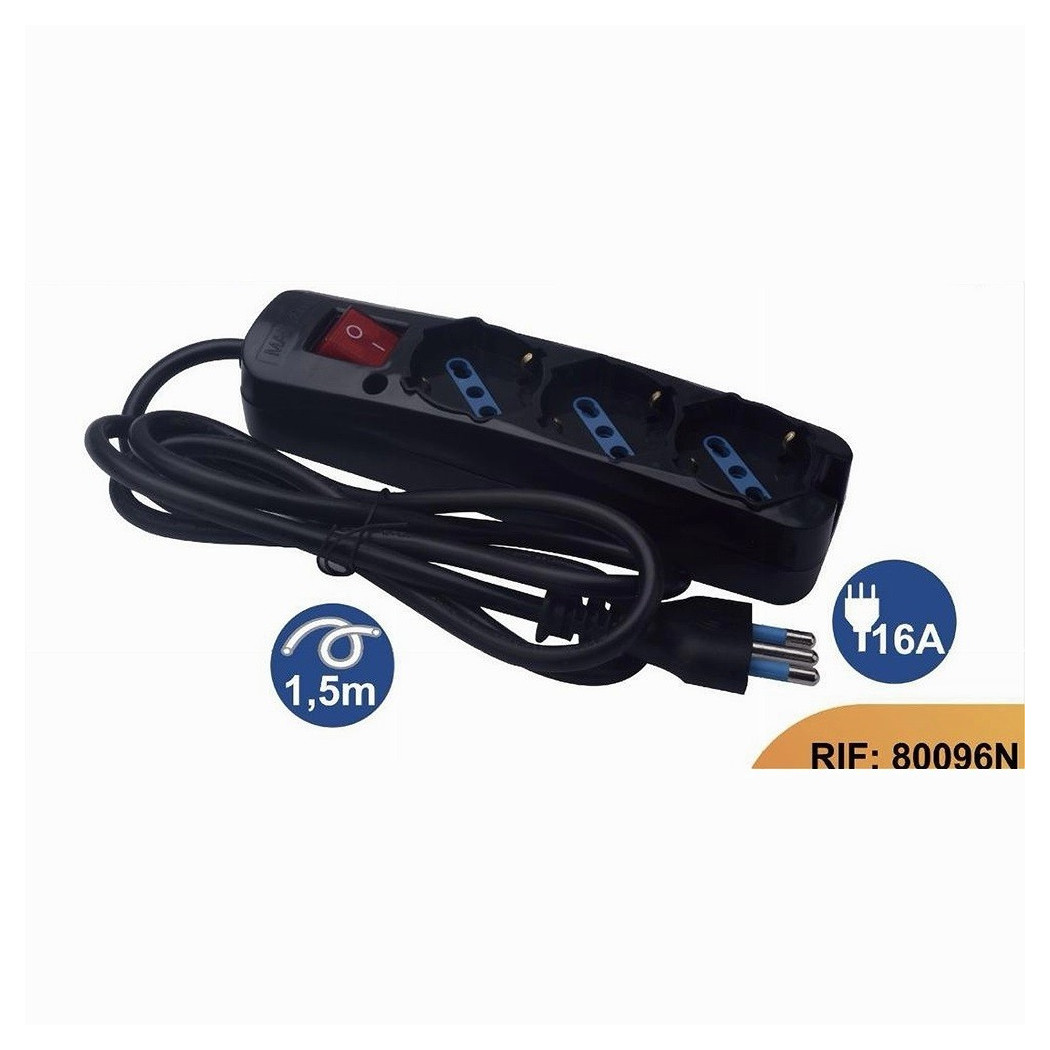 foto del prodotto trade shop traesio multipresa nera cavo 1,5mt spina 16a 3 uscite schuko protezione bambini 80096n 