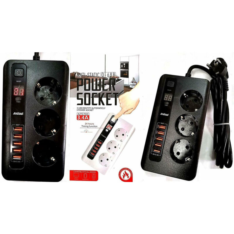 foto del prodotto trade shop traesio multipresa presa universale 3 spine 5 usb 3.4a 5v interruttore 220v 2500w 10a 