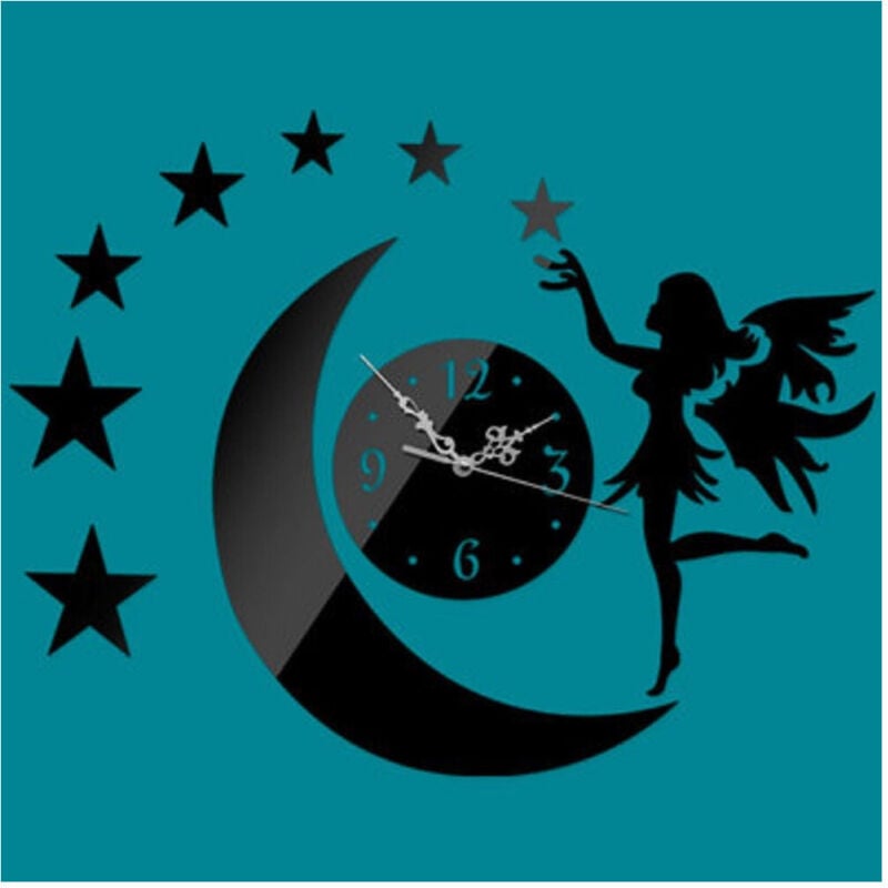 foto del prodotto trade shop traesio orologi da parete adesivo orologio moderno per bambina con fata luna effetto specchio 