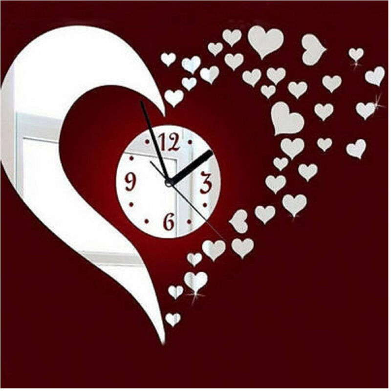 foto del prodotto trade shop traesio orologio da parete 3d moderno a specchio analogico adesivo con decorazione cuore 