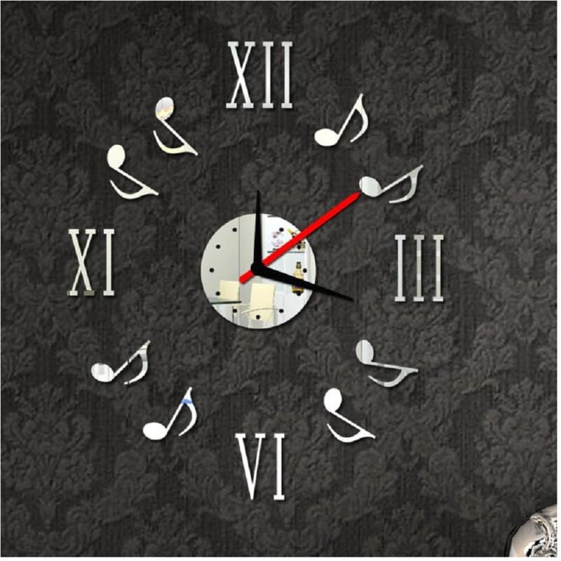 foto del prodotto trade shop traesio orologio da parete moderno adesivo muro 3d numeri romani note musicali specchio 