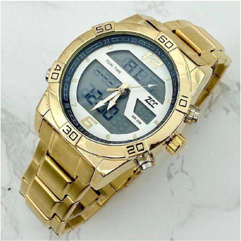 foto del prodotto trade shop traesio orologio da polso zcc uomo acciaio dual time resistente all acqua dorato bianco 
