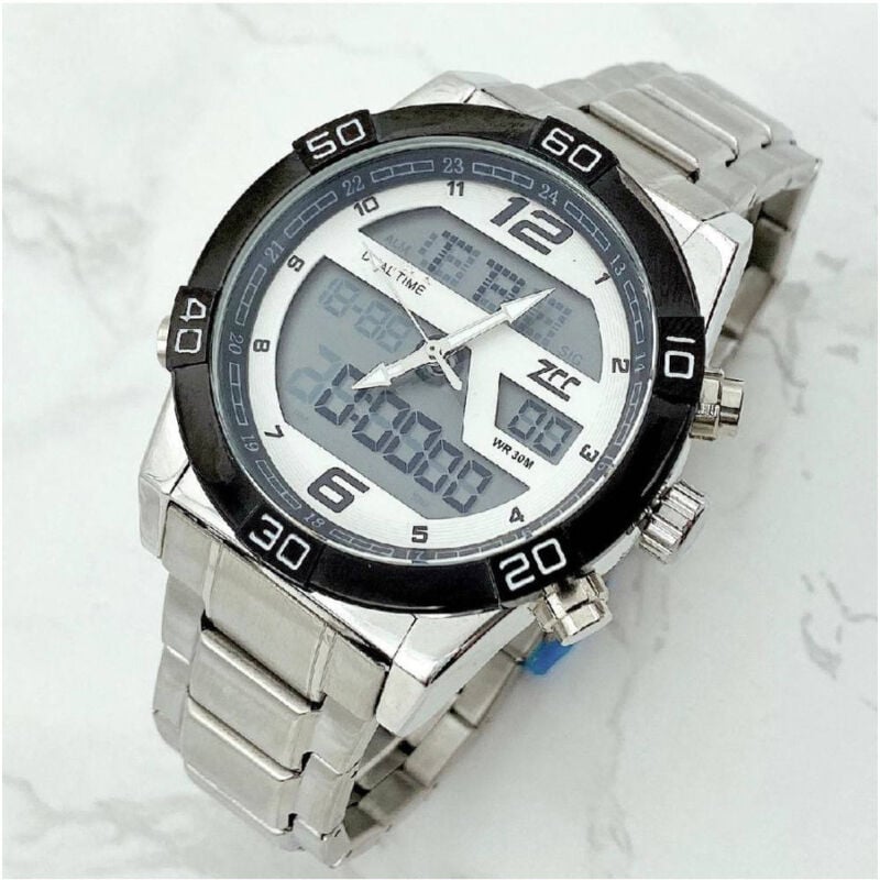 foto del prodotto trade shop traesio orologio da polso zcc uomo acciaio dual time resistente all acqua wr 30m silver 