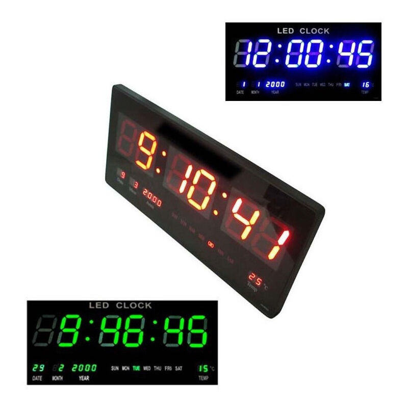 foto del prodotto trade shop traesio orologio digitale da parete a muro led blu rosso verde datario temperatura data 