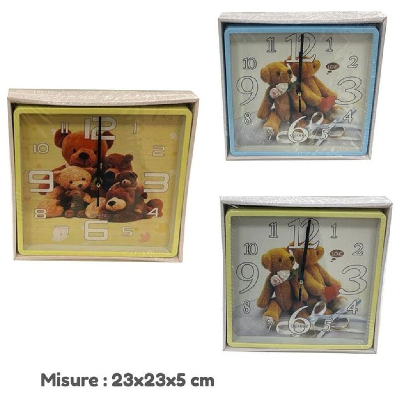 foto del prodotto trade shop traesio orologio parete per bambini quarzo muro quadrato orsetti casa arredamento 23x5cm 
