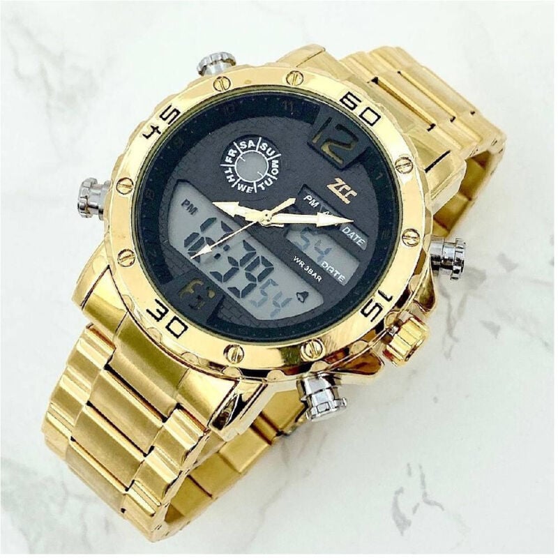 foto del prodotto trade shop traesio orologio polso zcc uomo acciaio dual time data allarme impermeabile dorato nero 