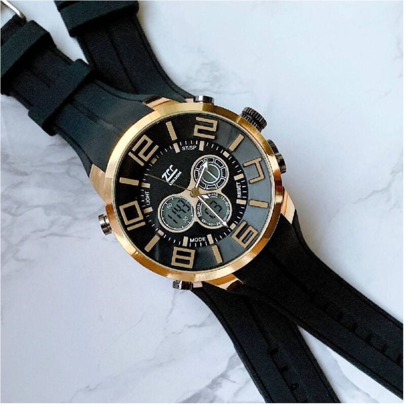foto del prodotto trade shop traesio orologio polso zcc uomo dual time analogico digitale sveglia sport dorato nero 