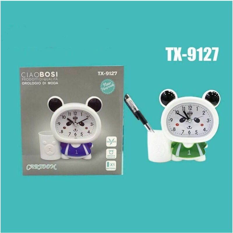 foto del prodotto trade shop traesio orologio sveglia a forma di panda analogico con portapenne da tavolo tx 9127 