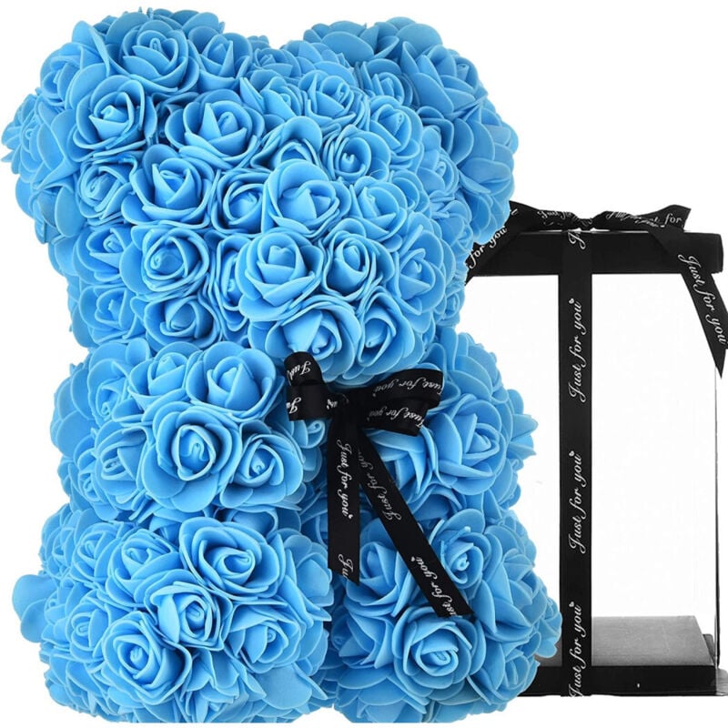 foto del prodotto trade shop traesio - orsacchiotto orsetto orso di rose con fiori artificiali da 25cm san valentino - celeste