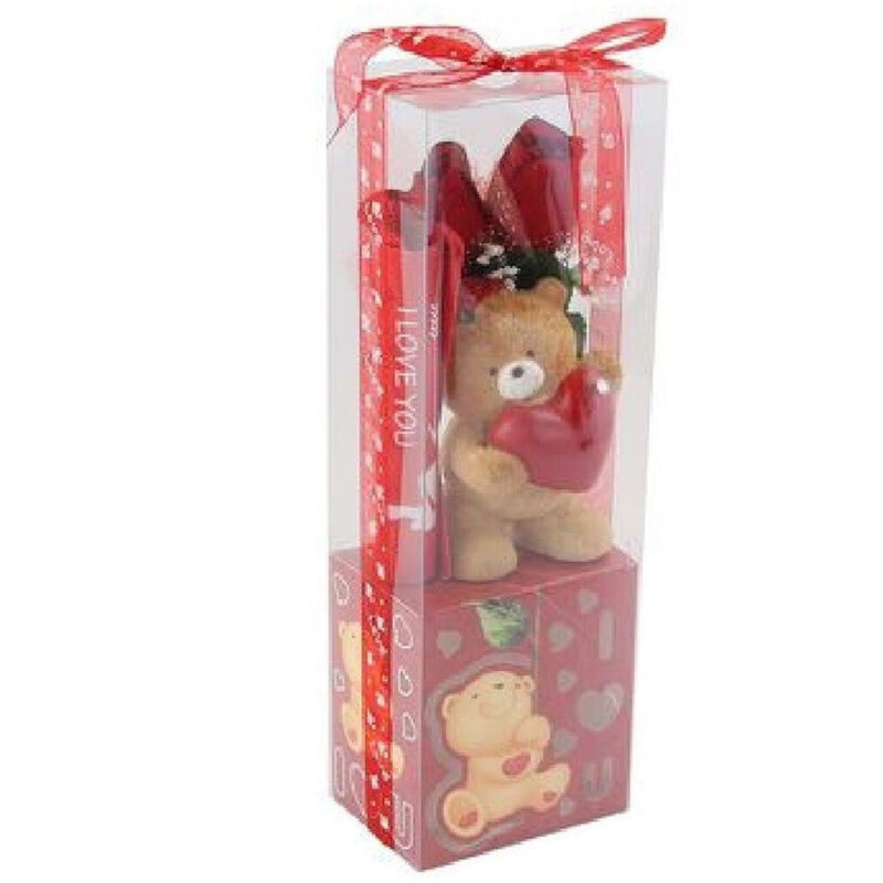 foto del prodotto trade shop traesio - orsetto con cuore fiori confezione regalo per san valentino 10x7.5x30 cm 63303 -