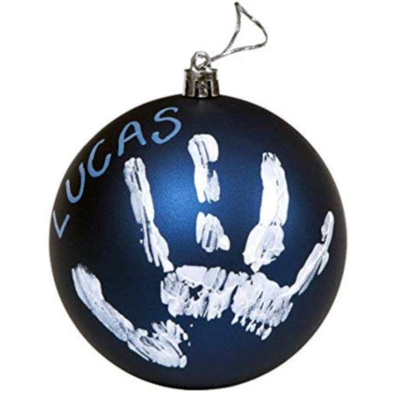 foto del prodotto trade shop traesio - pallina di natale decorazione natalizia per albero con kit impronta calco mano - blu
