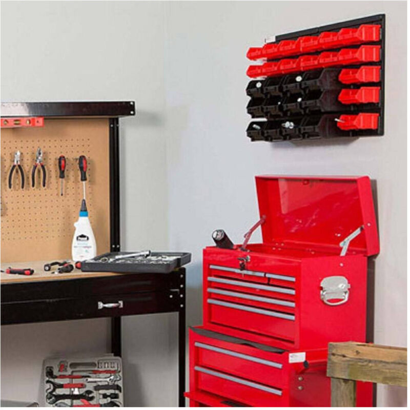 foto del prodotto trade shop traesio - pannello da parete con 32 box contenitori portautensili organizer porta attrezzi -