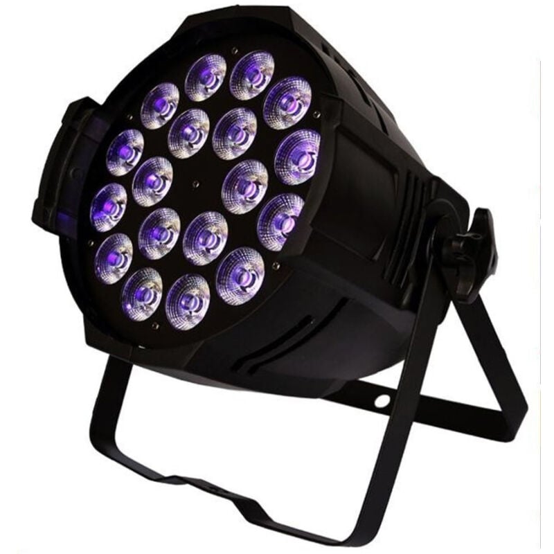 foto del prodotto trade shop traesio par led rgbwa ip65 dmx 18x18watt uv 6 in 1 luce wood party fluo powercon in out 