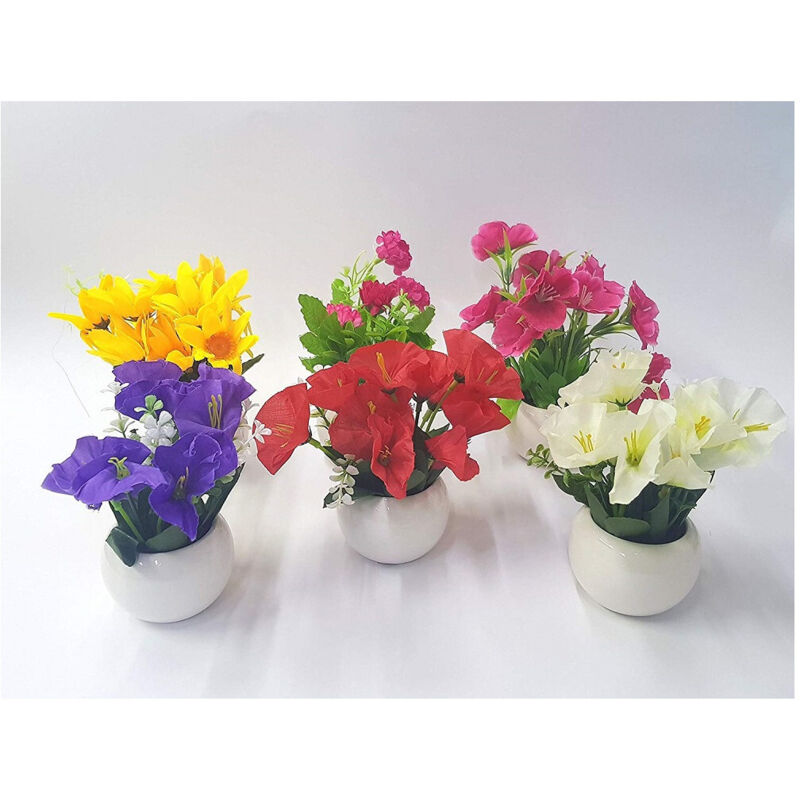 foto del prodotto trade shop traesio - pianta fiori finti colorati vaso tondo bianco ceramica decorazione artificiali -