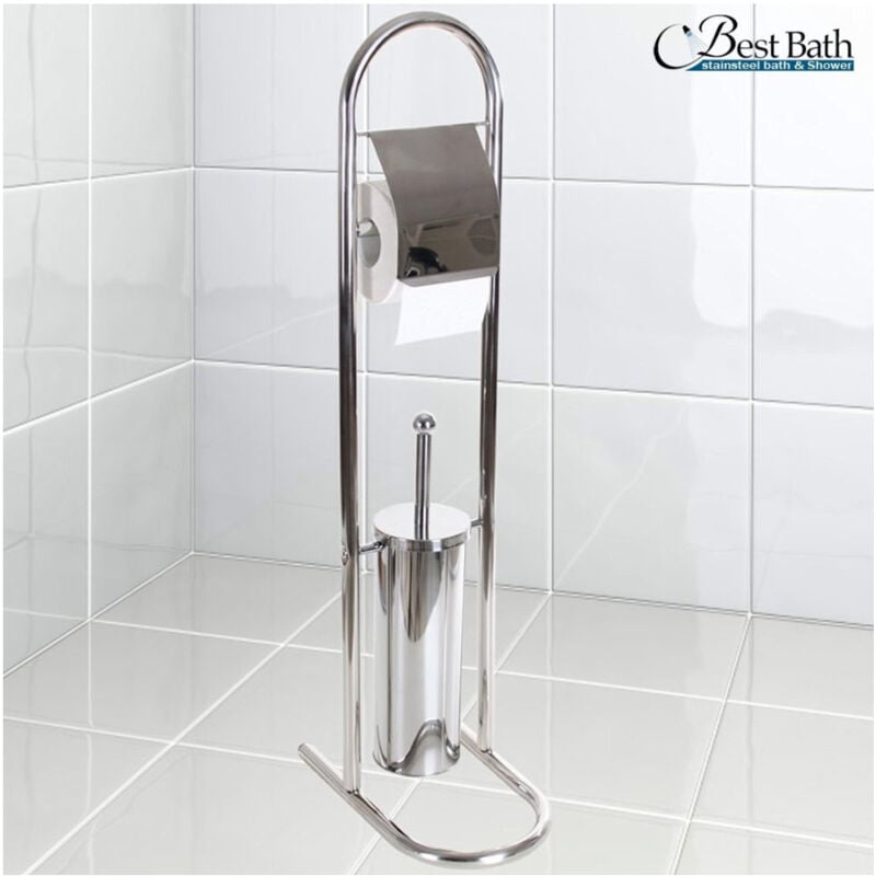 foto del prodotto trade shop traesio piantana porta rotolo con scopino da bagno metallo lucido cromato bagno wc 80 cm 
