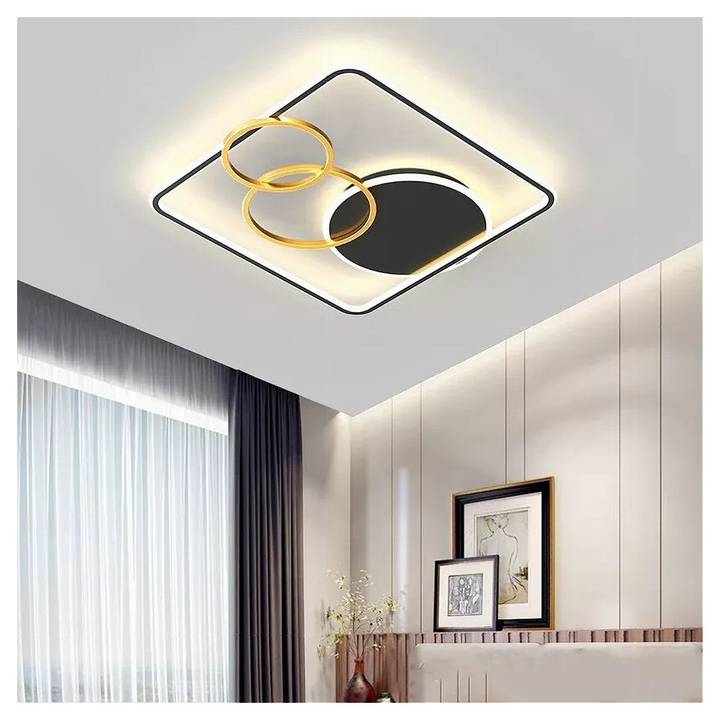 foto del prodotto trade shop traesio plafoniera led 55w quadrato con cerchi nero oro lampada soffitto luce 4000k 70890 