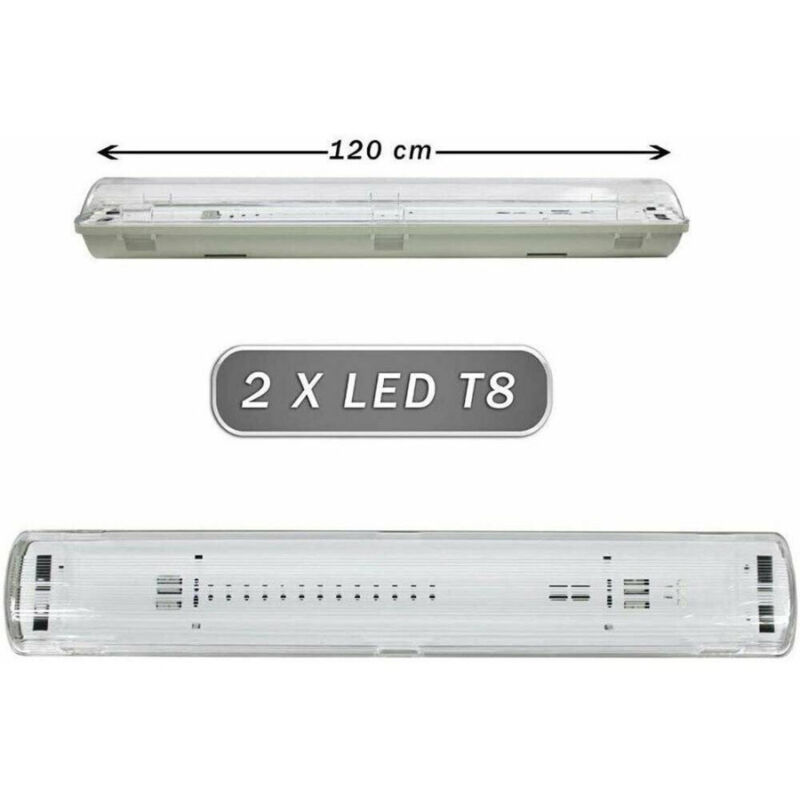foto del prodotto trade shop traesio plafoniera stagna 2 neon led tubo t8 g13 120 cm da parete soffitto ip65 t8 120s 