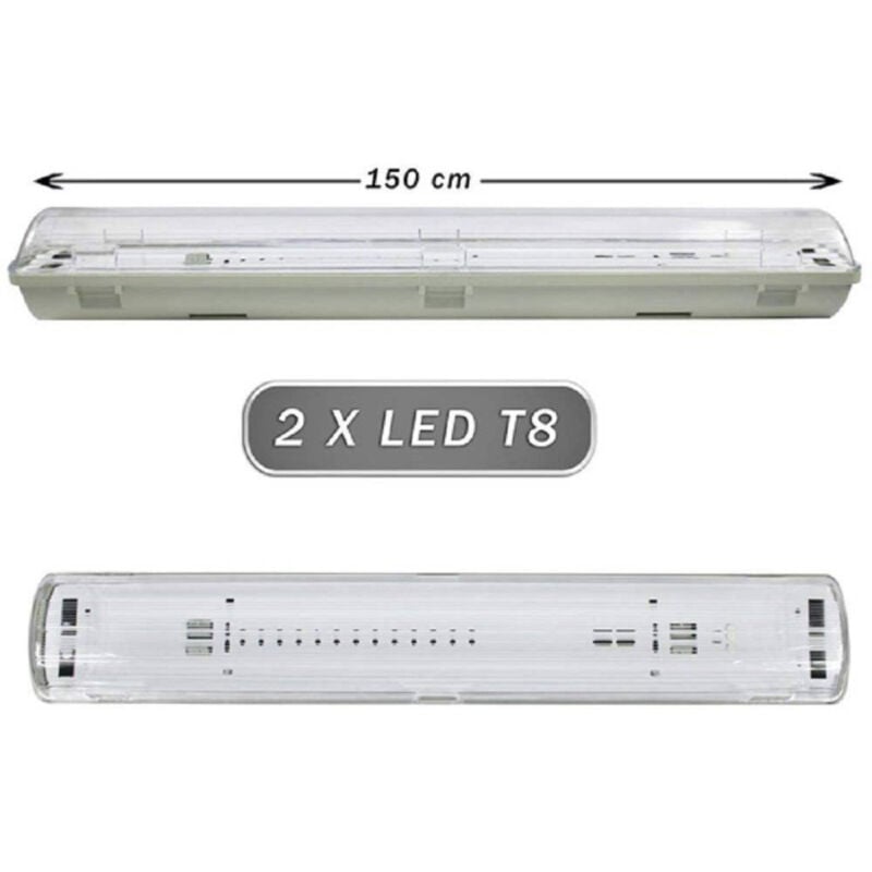 foto del prodotto trade shop traesio plafoniera stagna 2 neon led tubo t8 g13 150 cm da parete soffitto ip65 t8 150s 