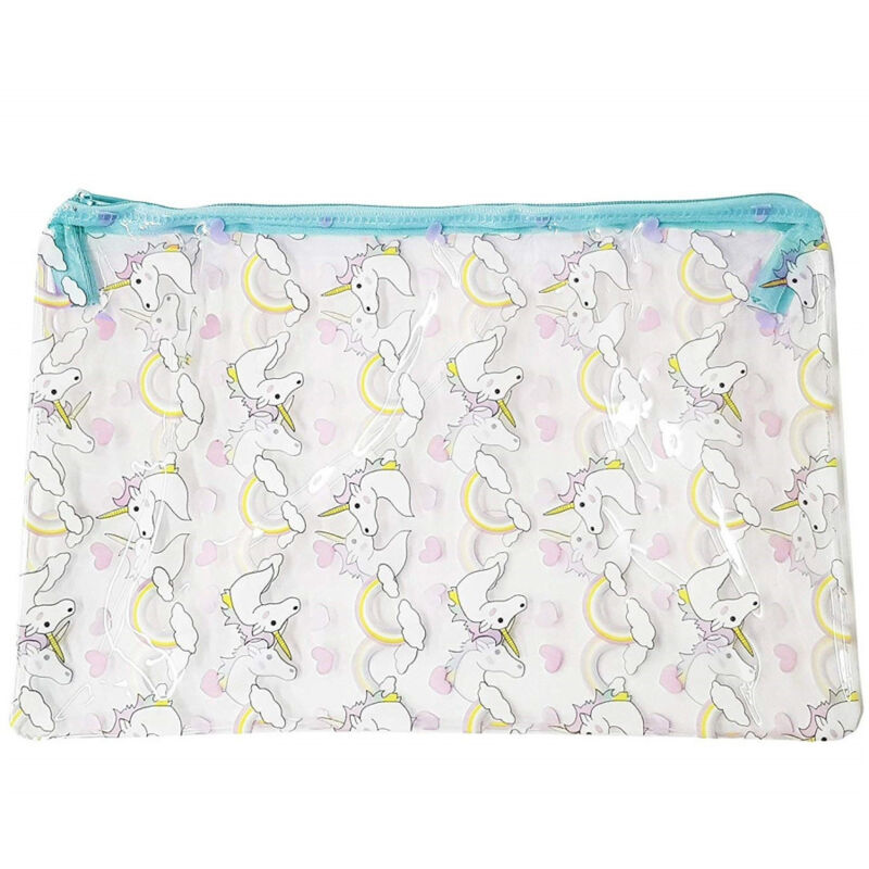 foto del prodotto trade shop traesio pochette trasparente azzurro fantasia unicorno trucco beauty case borsa donna 